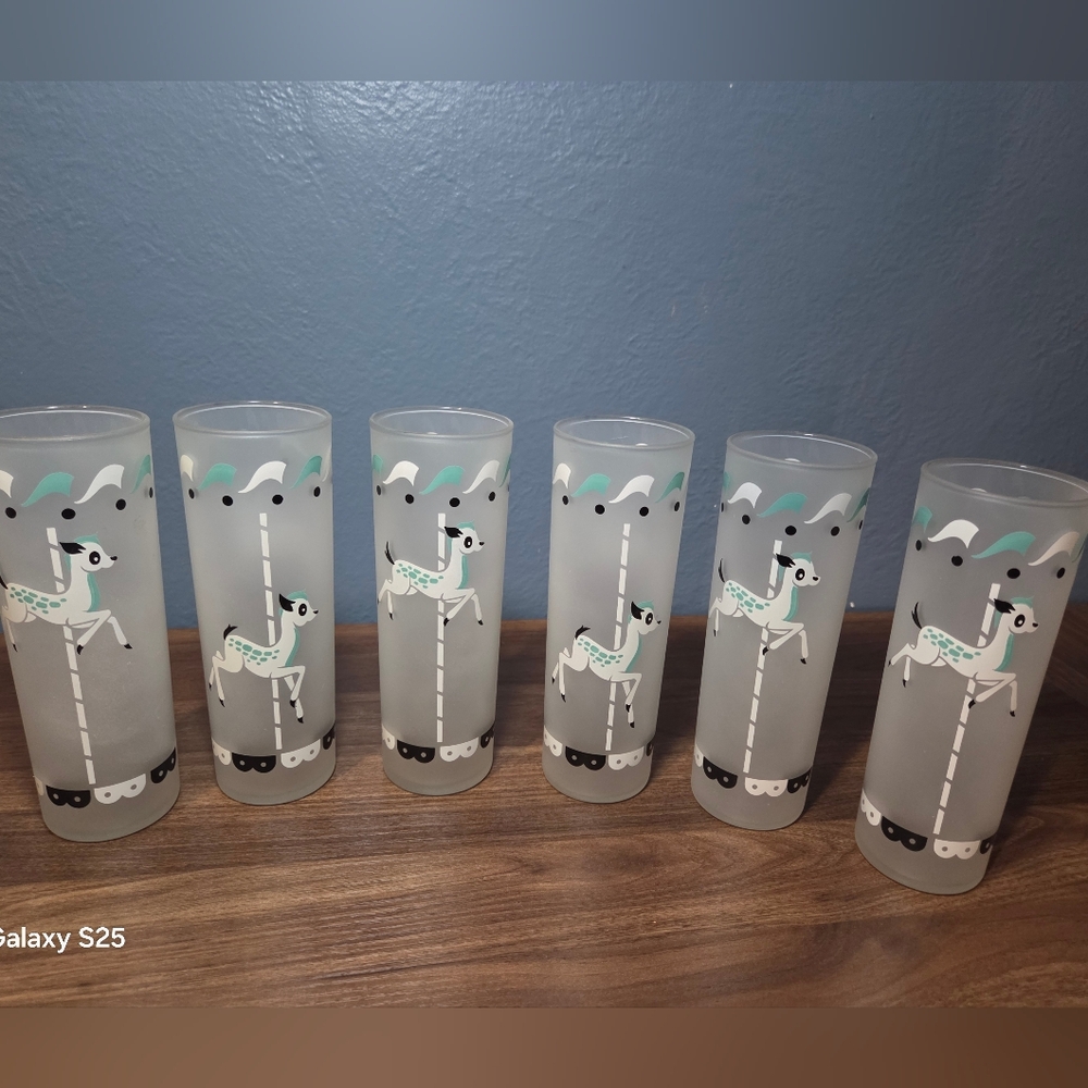 Set of Six Carousel Horse Glasses Vinatage 1950s Libbey Glass